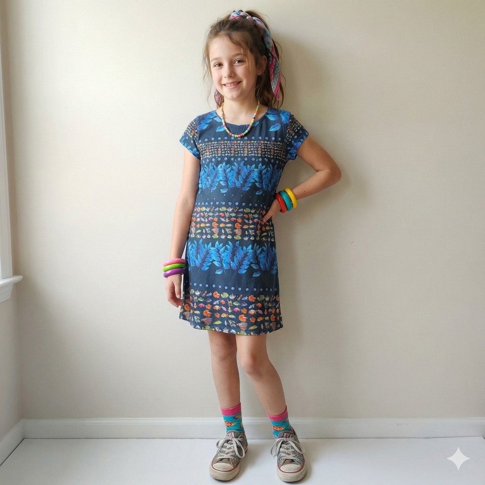 Desigual Kids Dress Girls 9 10 Blue Leaf Fish Print Short Sleeve Casual